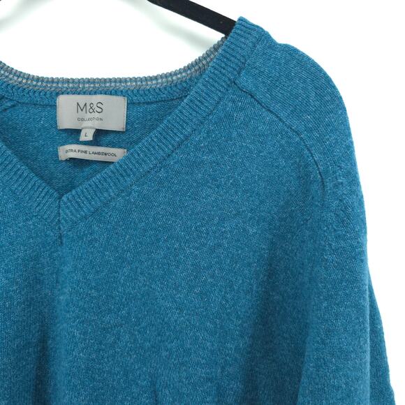 M&S Collection Mens Blue Teal 100% Extra Fine Lambswool Cozy Sweater V-Neck| L - Picture 3 of 10